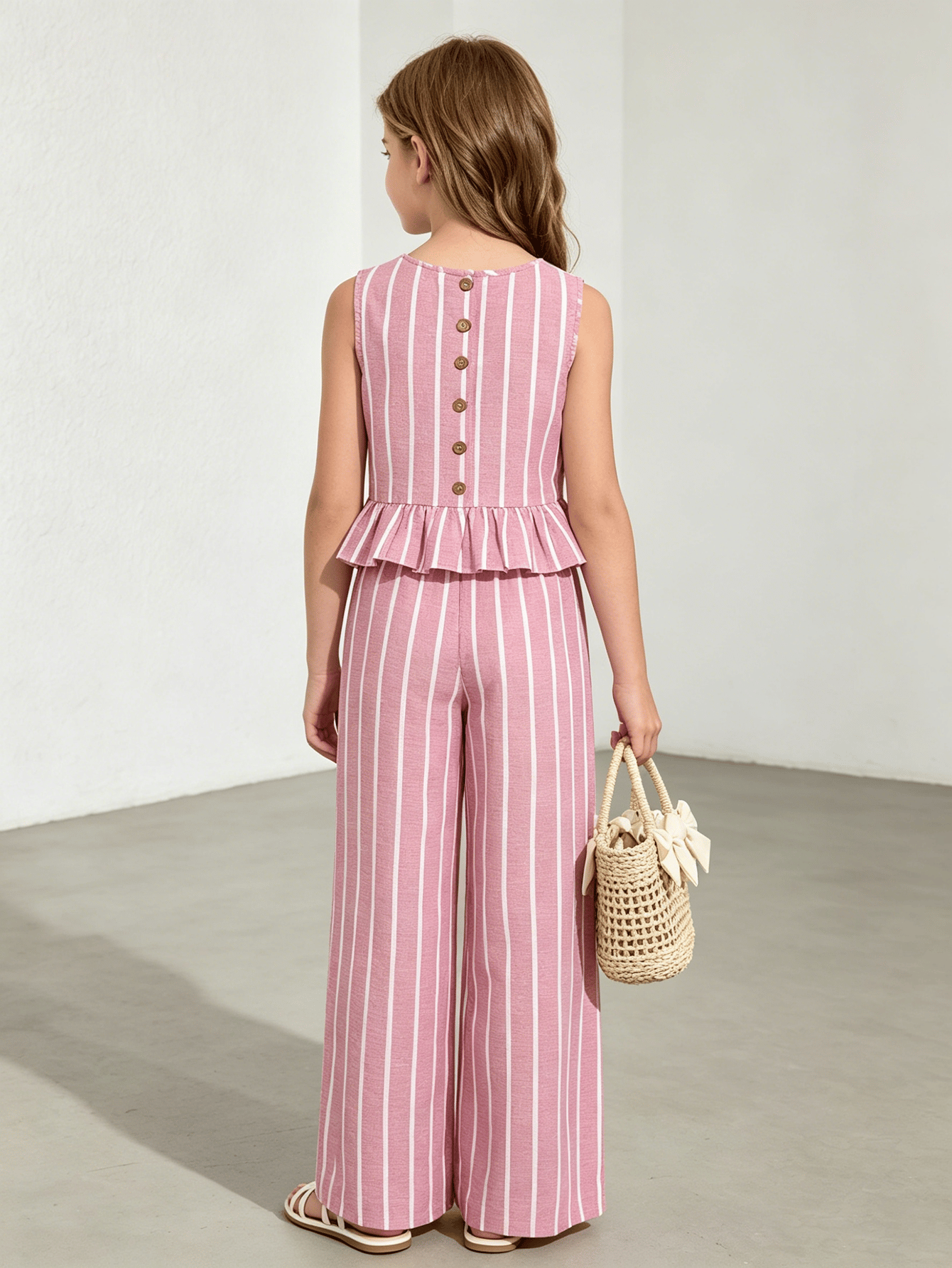 Girls Pink Stripe Ruffle Hem Top and Wide Leg Pants Set
