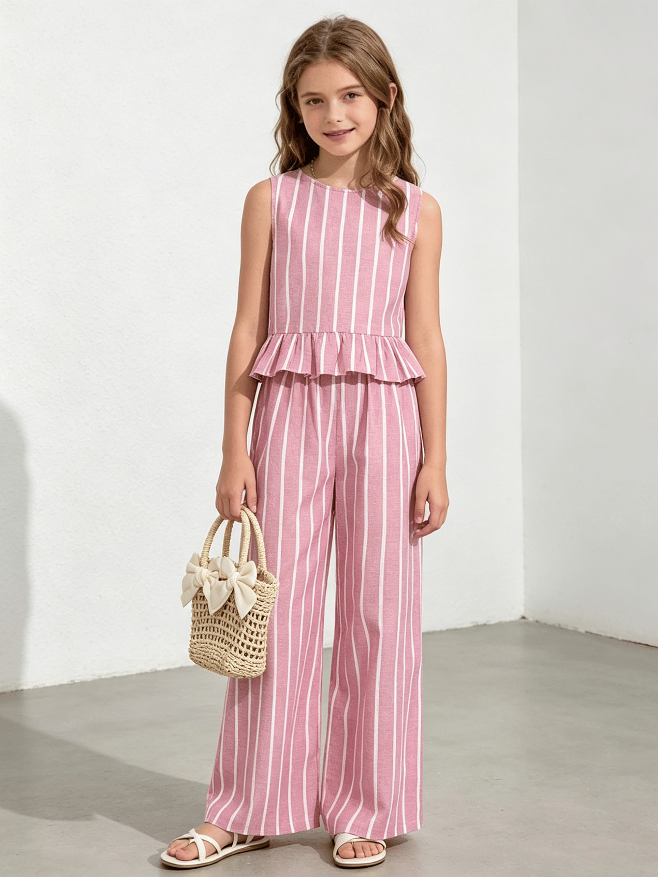 Girls Pink Stripe Ruffle Hem Top and Wide Leg Pants Set