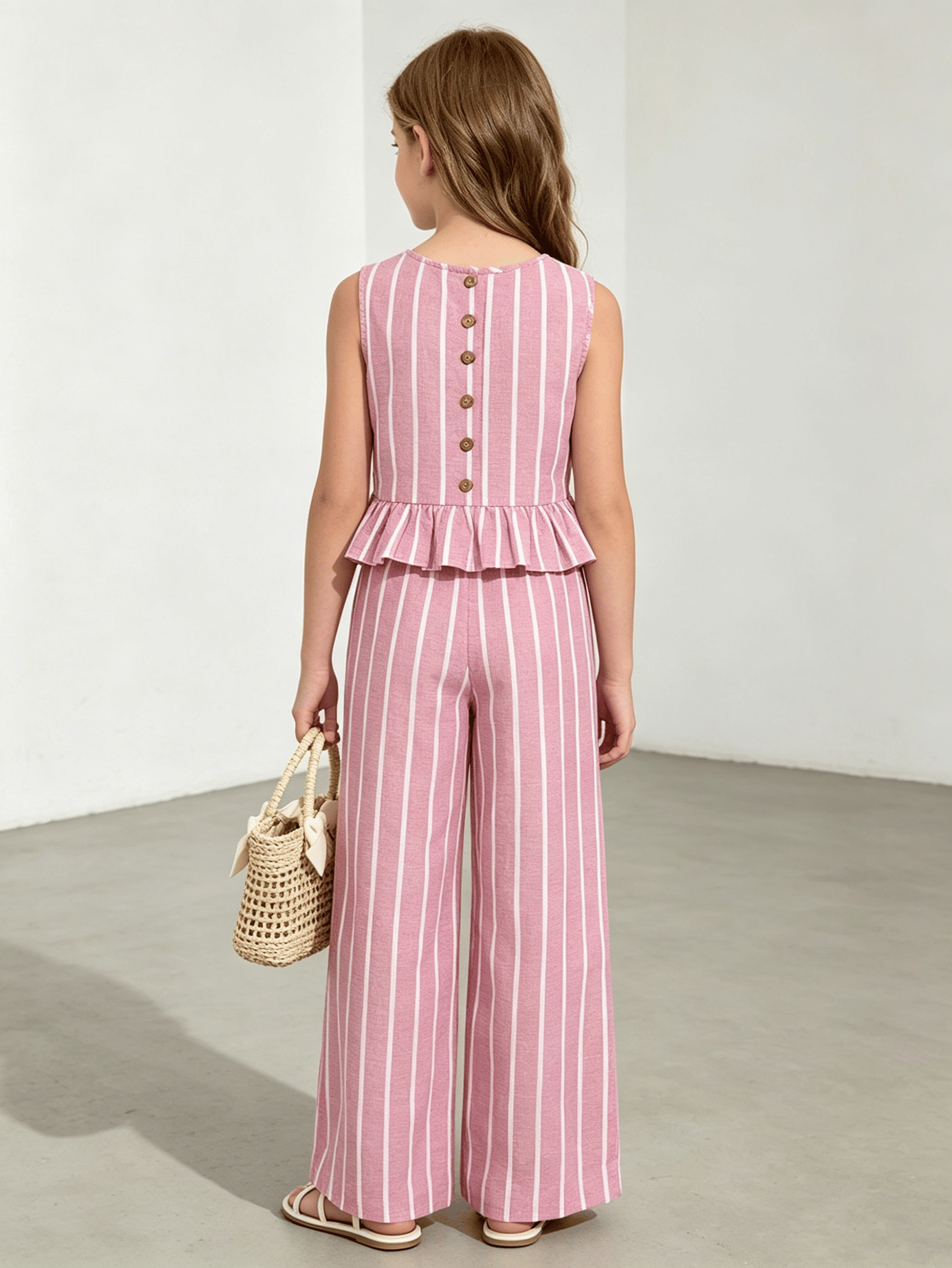 Girls Pink Stripe Ruffle Hem Top and Wide Leg Pants Set