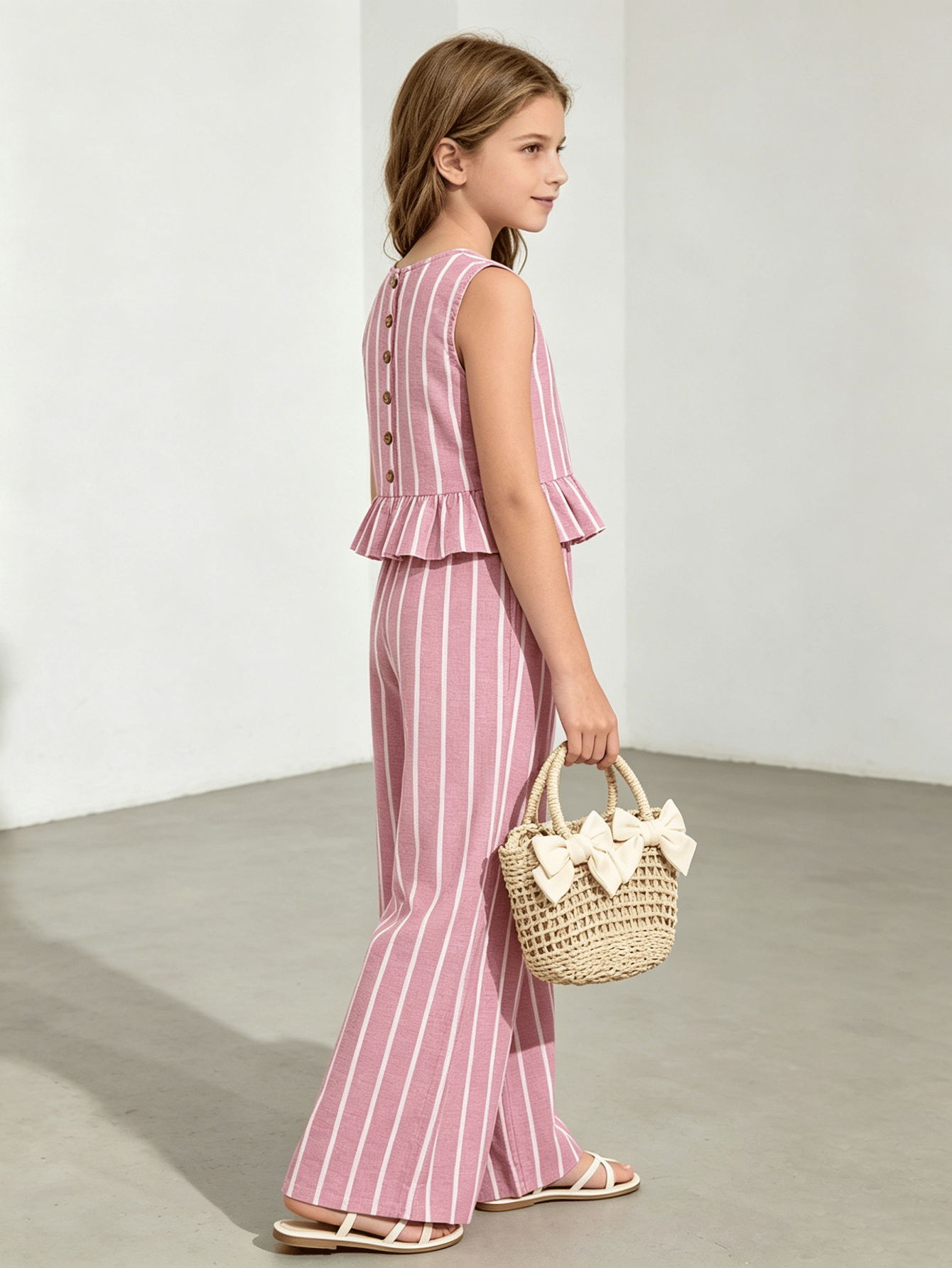 Girls Pink Stripe Ruffle Hem Top and Wide Leg Pants Set