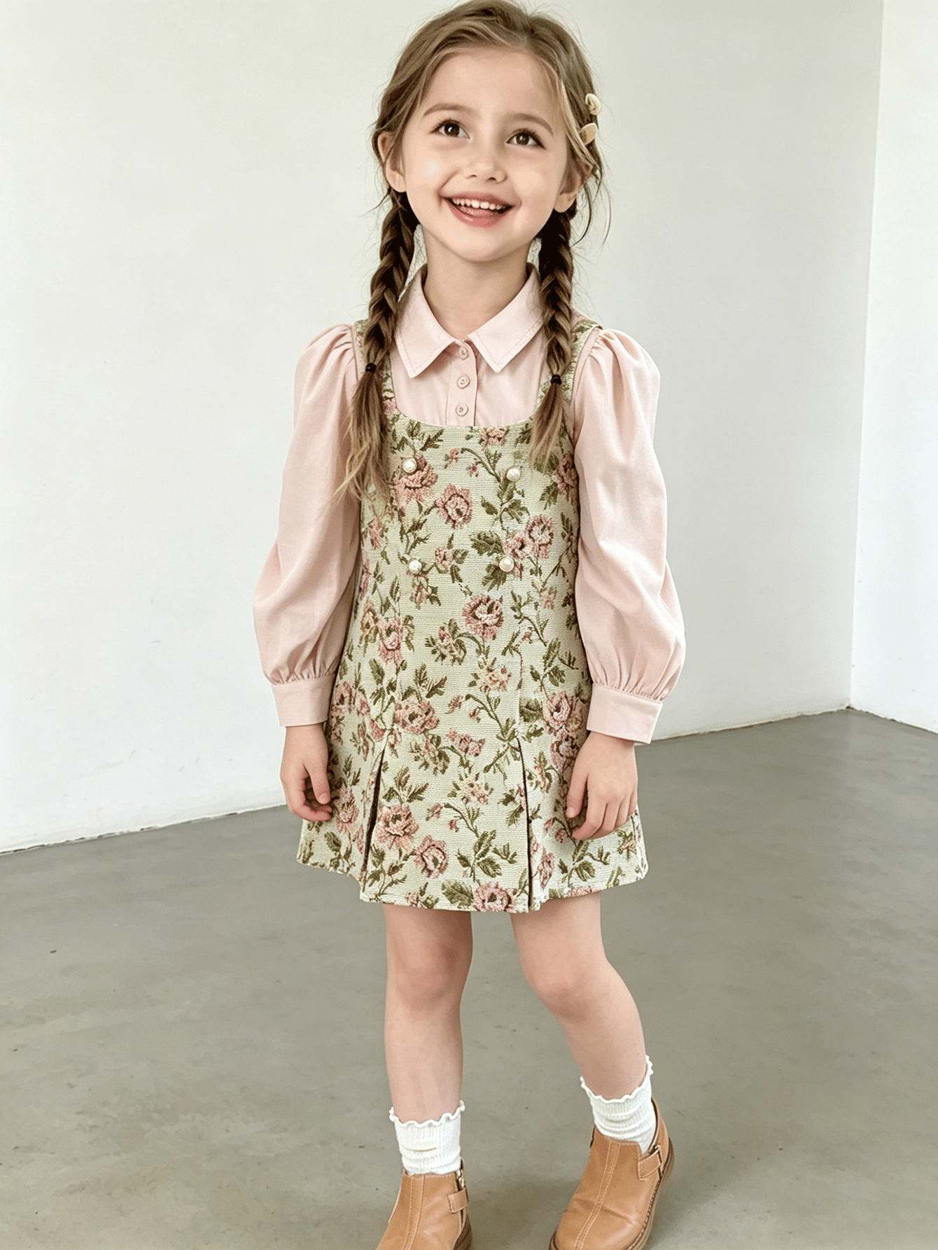 Girls Puff Sleeve Collared Blouse and Floral Jacquard Suspender Dress Set