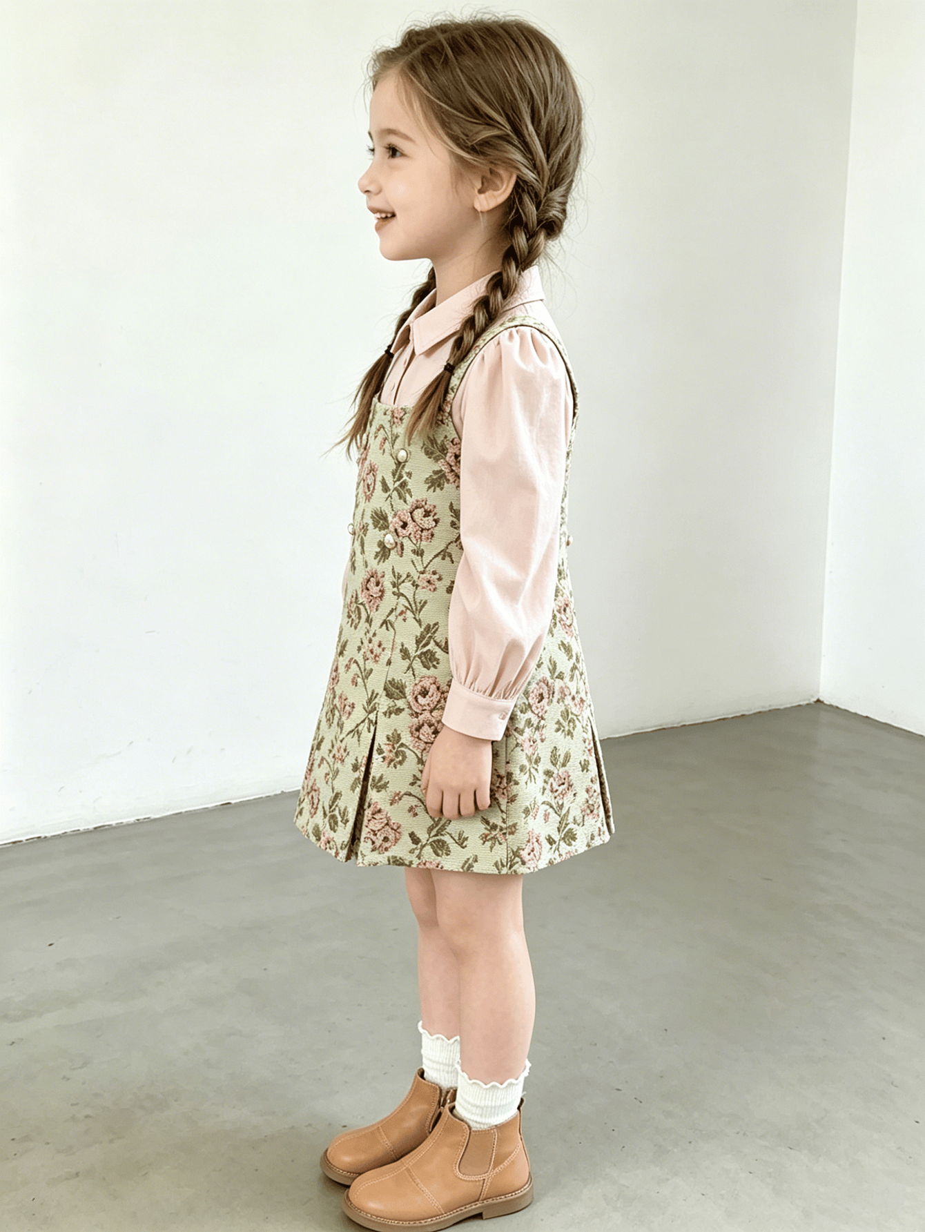 Girls Puff Sleeve Collared Blouse and Floral Jacquard Suspender Dress Set