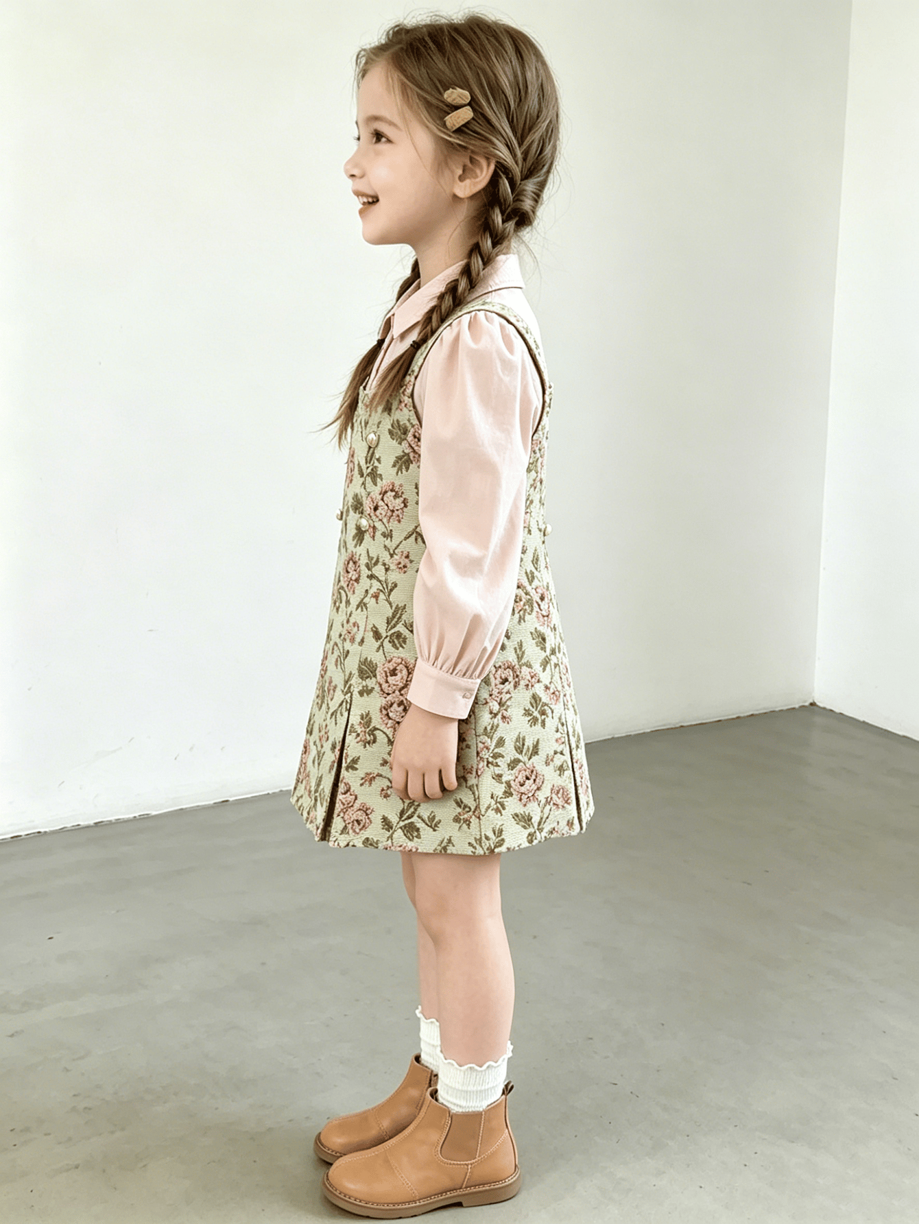Girls Puff Sleeve Collared Blouse and Floral Jacquard Suspender Dress Set