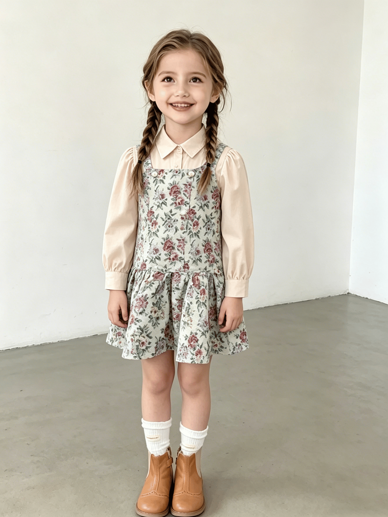 Girls Puff Sleeve Collared Blouse and Floral Jacquard Suspender Dress Set