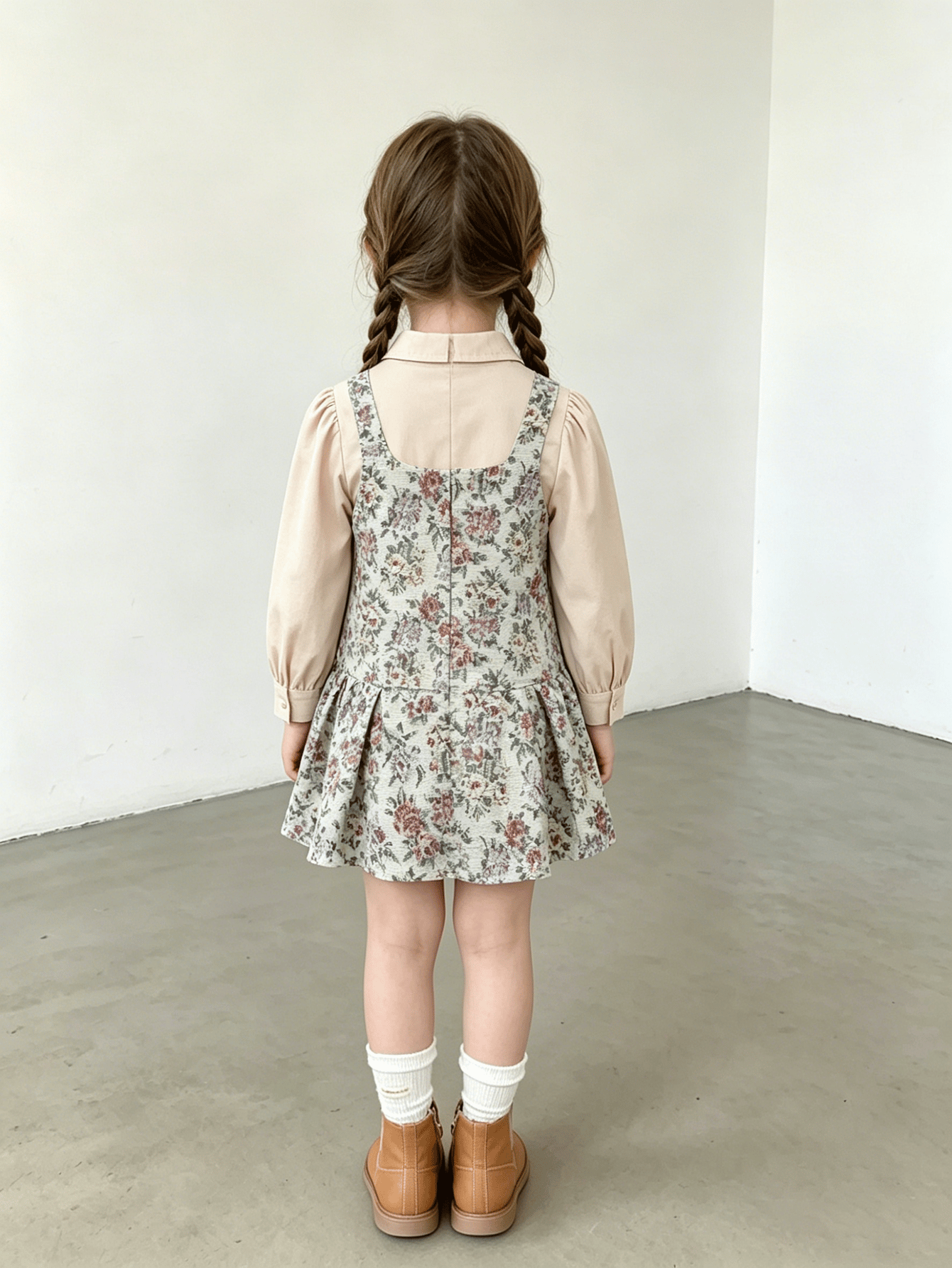 Girls Puff Sleeve Collared Blouse and Floral Jacquard Suspender Dress Set