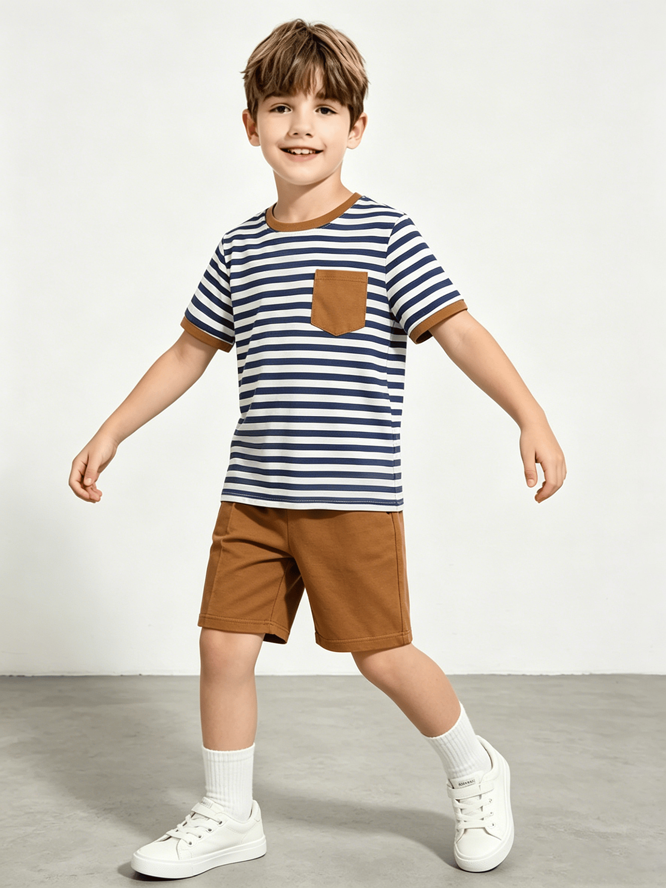 Boys Striped Crew Neck T-Shirt with Chest Pocket
