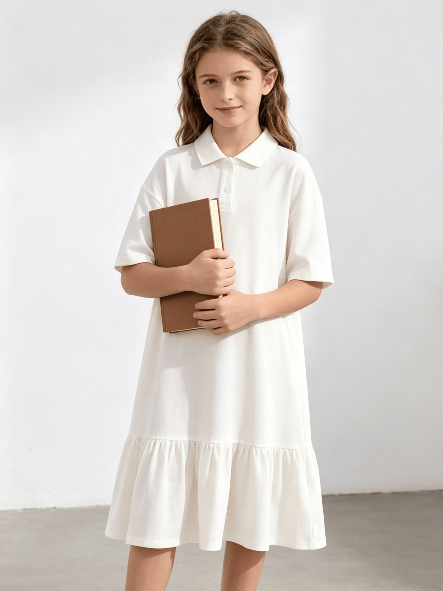 Girls White Polo Dress with Ruffle Hem