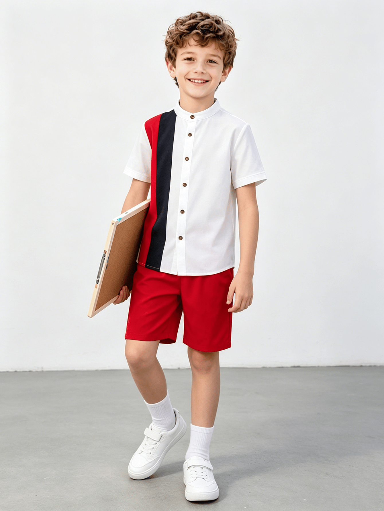 Boys Color Block Stand Collar Shirt and Shorts Set
