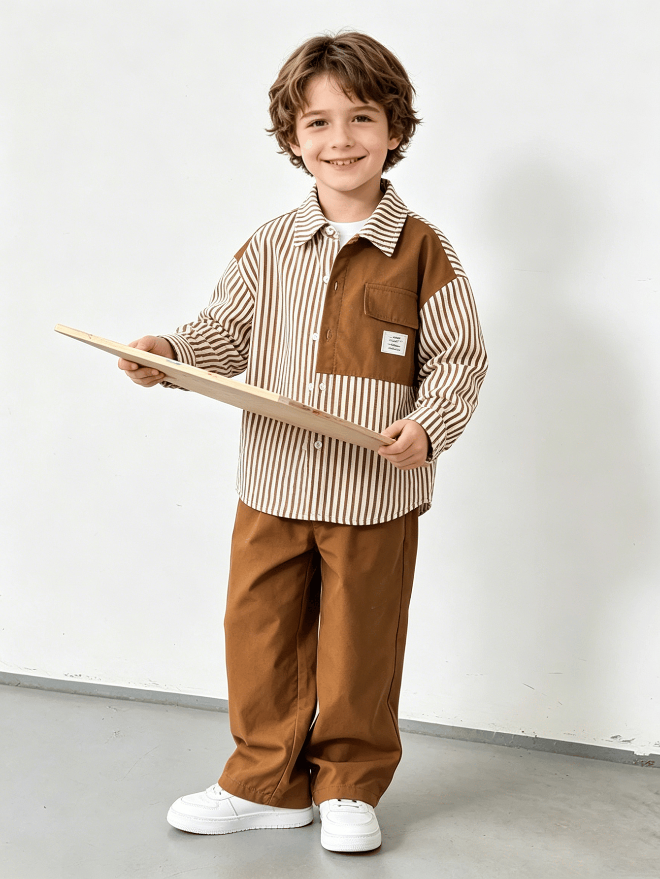 Boys Brown Striped Color Block Shirt and Pants Set