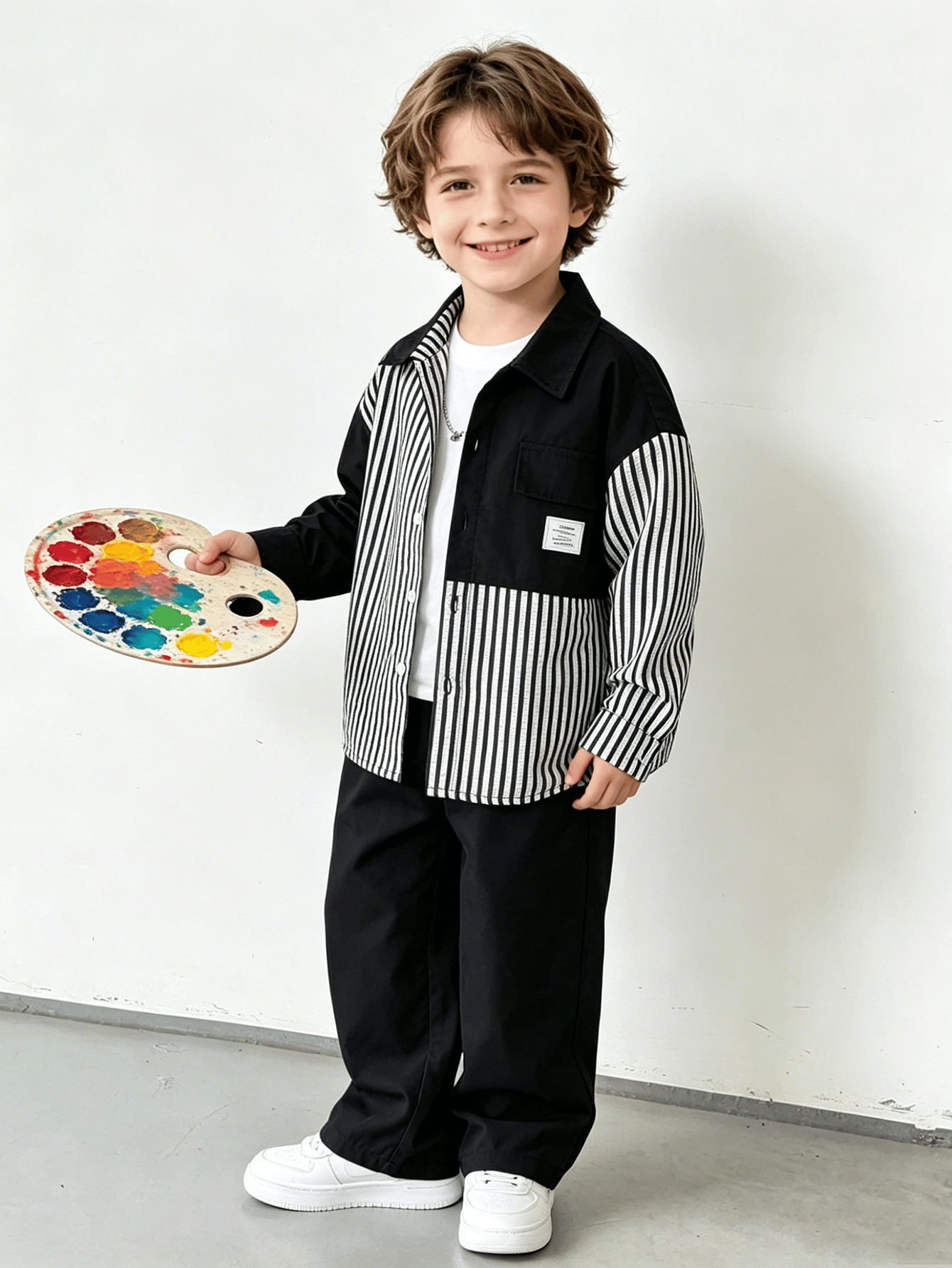 Boys Striped Color Block Shirt and Pants Set