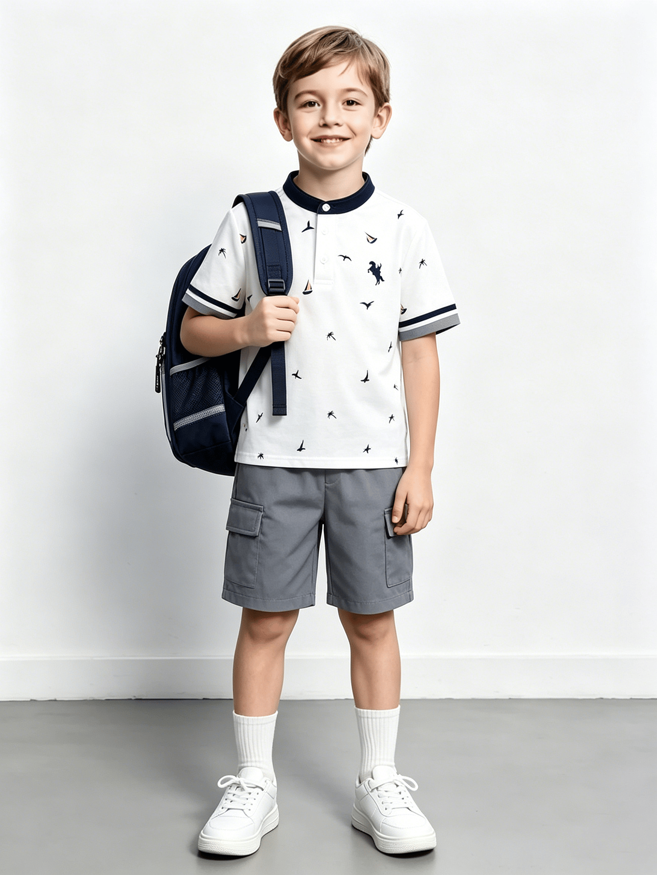 Boys Nautical Print Polo T-Shirt and Cargo Shorts Set