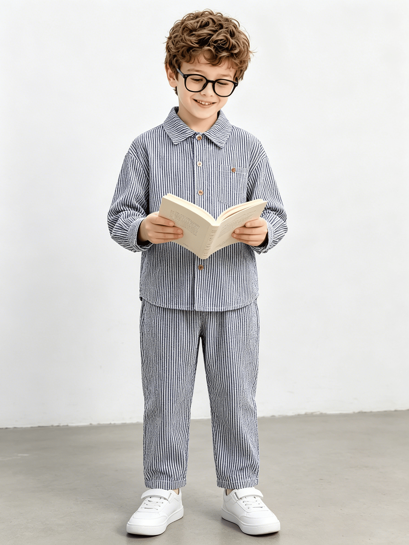 Boys Navy Striped Bubble Texture Shirt and Pants Set