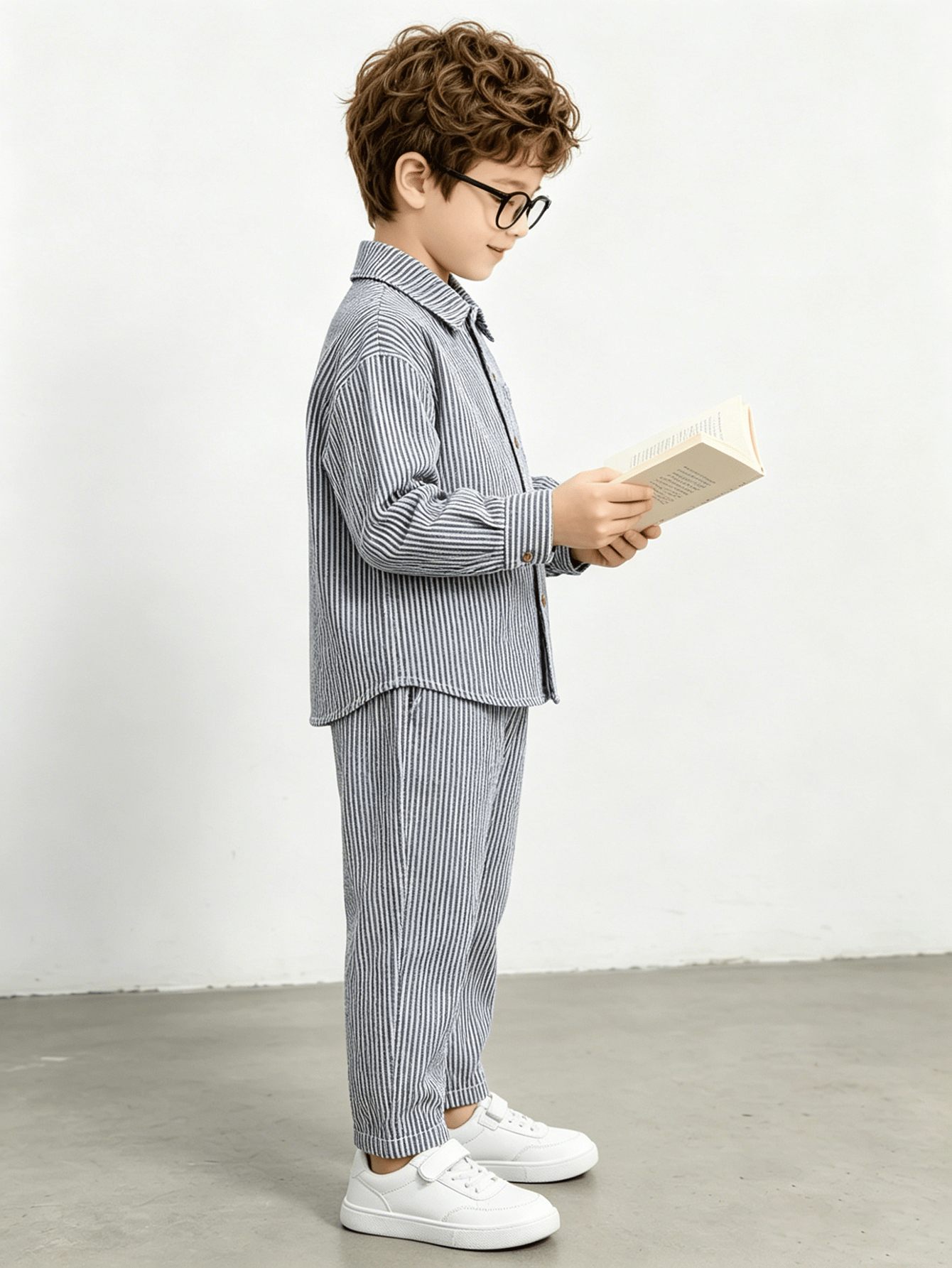 Boys Navy Striped Bubble Texture Shirt and Pants Set
