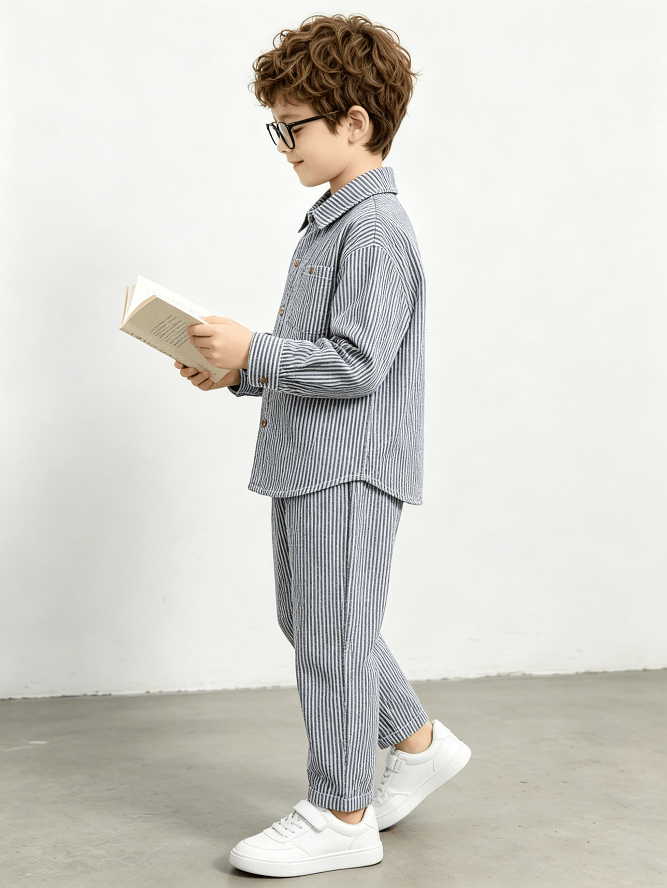 Boys Navy Striped Bubble Texture Shirt and Pants Set