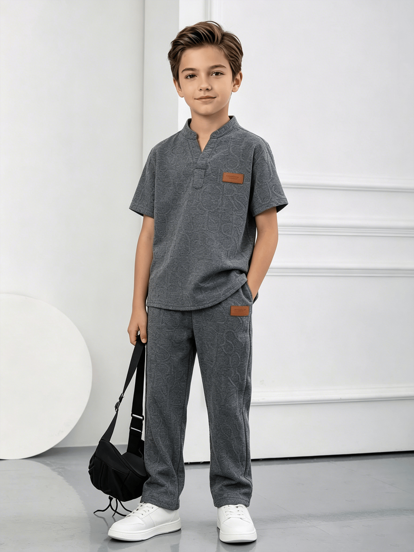 Boys Dark Grey Embossed Polo T-Shirt and Pants Set