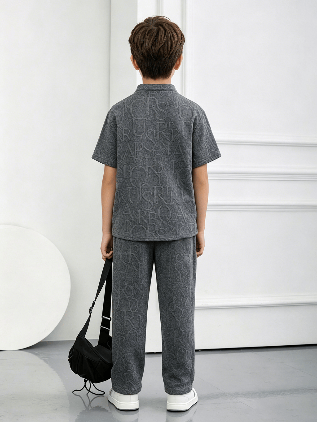 Boys Dark Grey Embossed Polo T-Shirt and Pants Set