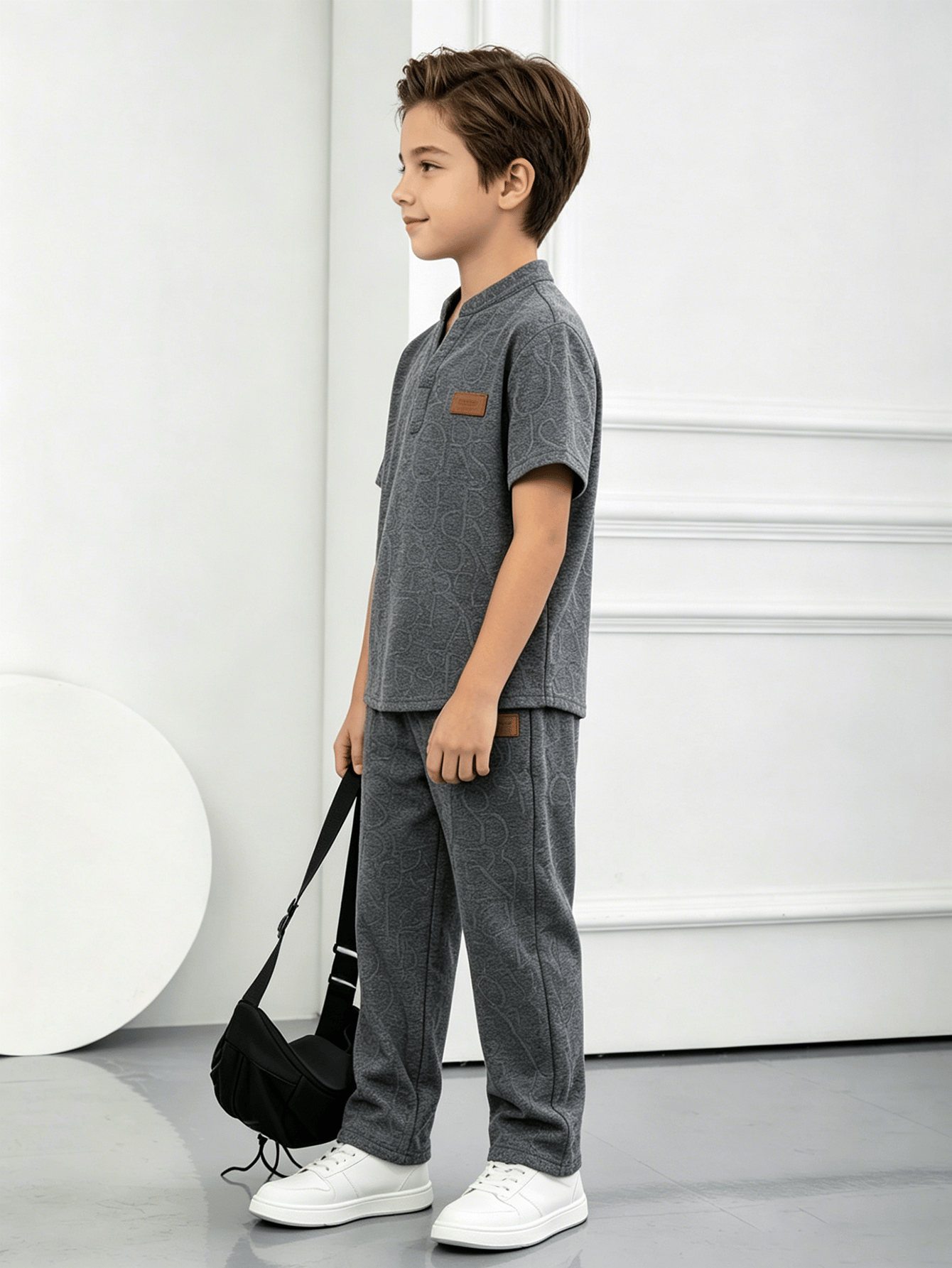 Boys Dark Grey Embossed Polo T-Shirt and Pants Set