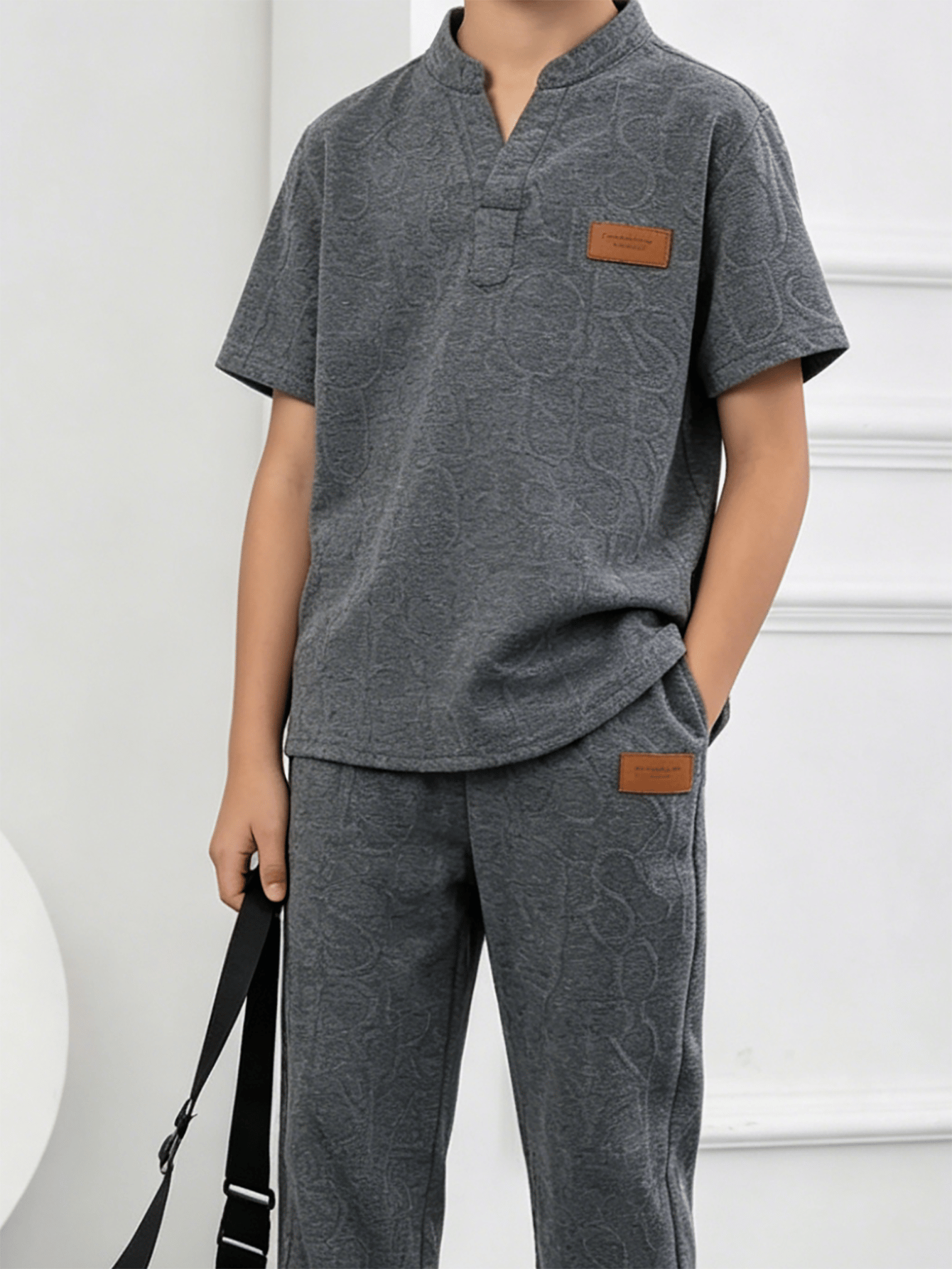 Boys Dark Grey Embossed Polo T-Shirt and Pants Set