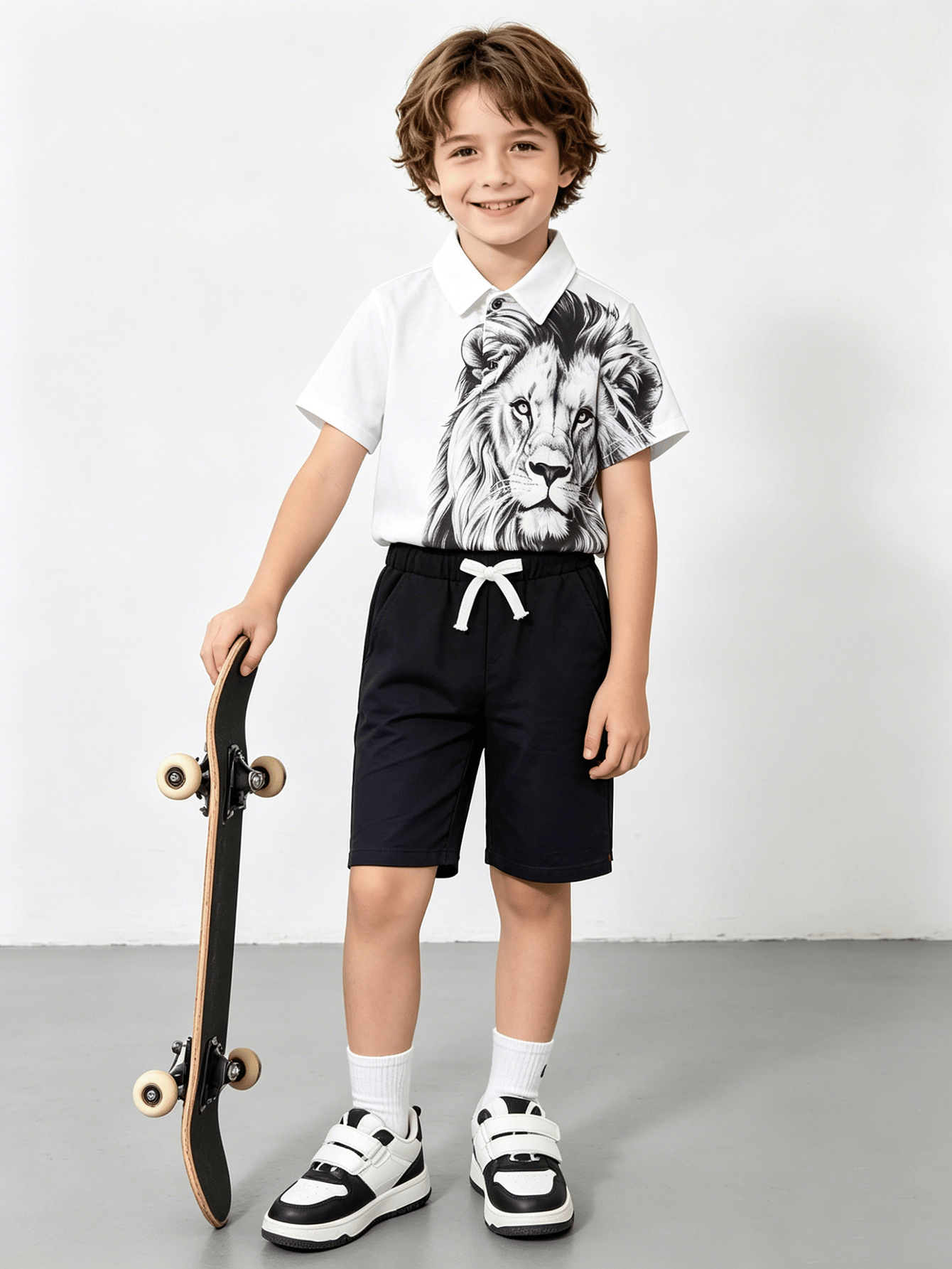 Boys Lion Print Polo T-Shirt and Shorts Set