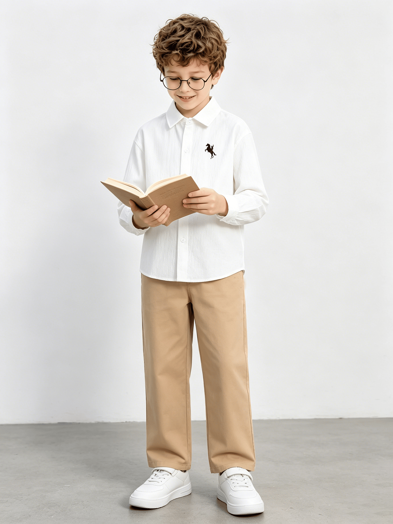 Boys White Long Sleeve Shirt and Khaki Pants Set