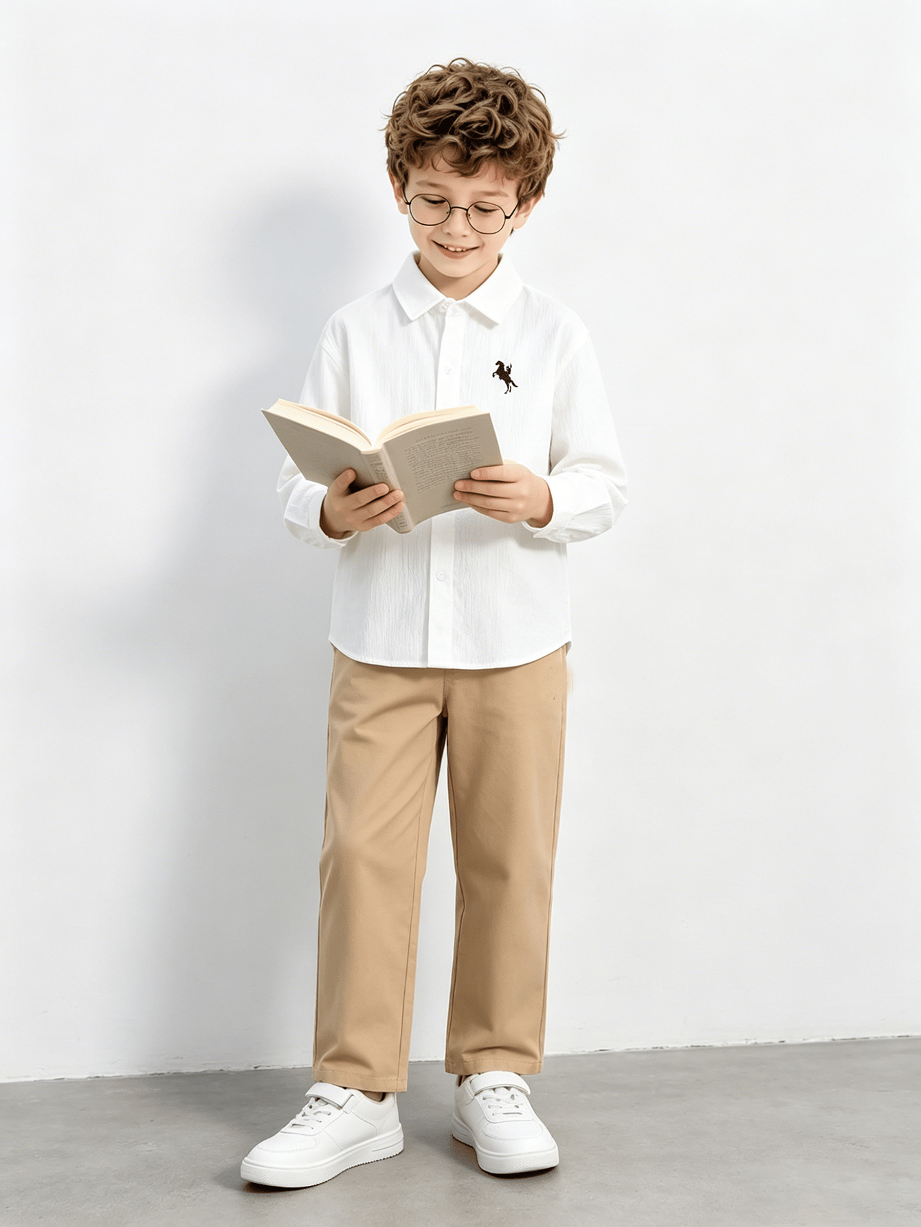 Boys White Long Sleeve Shirt and Khaki Pants Set
