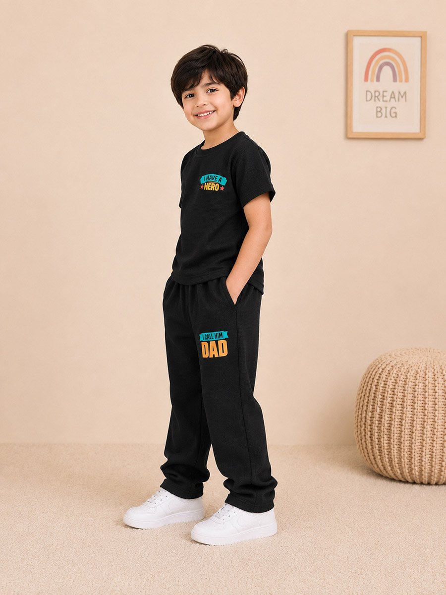 Kids Black Printed Waffle T-Shirt and Joggers Co-ord Set