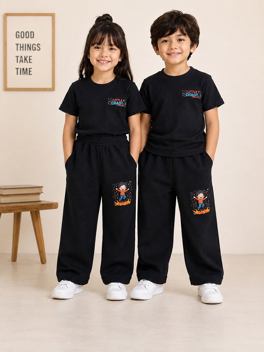 Kids Black Little Chaos Graphic Waffle T-Shirt and Joggers Co-ord Set
