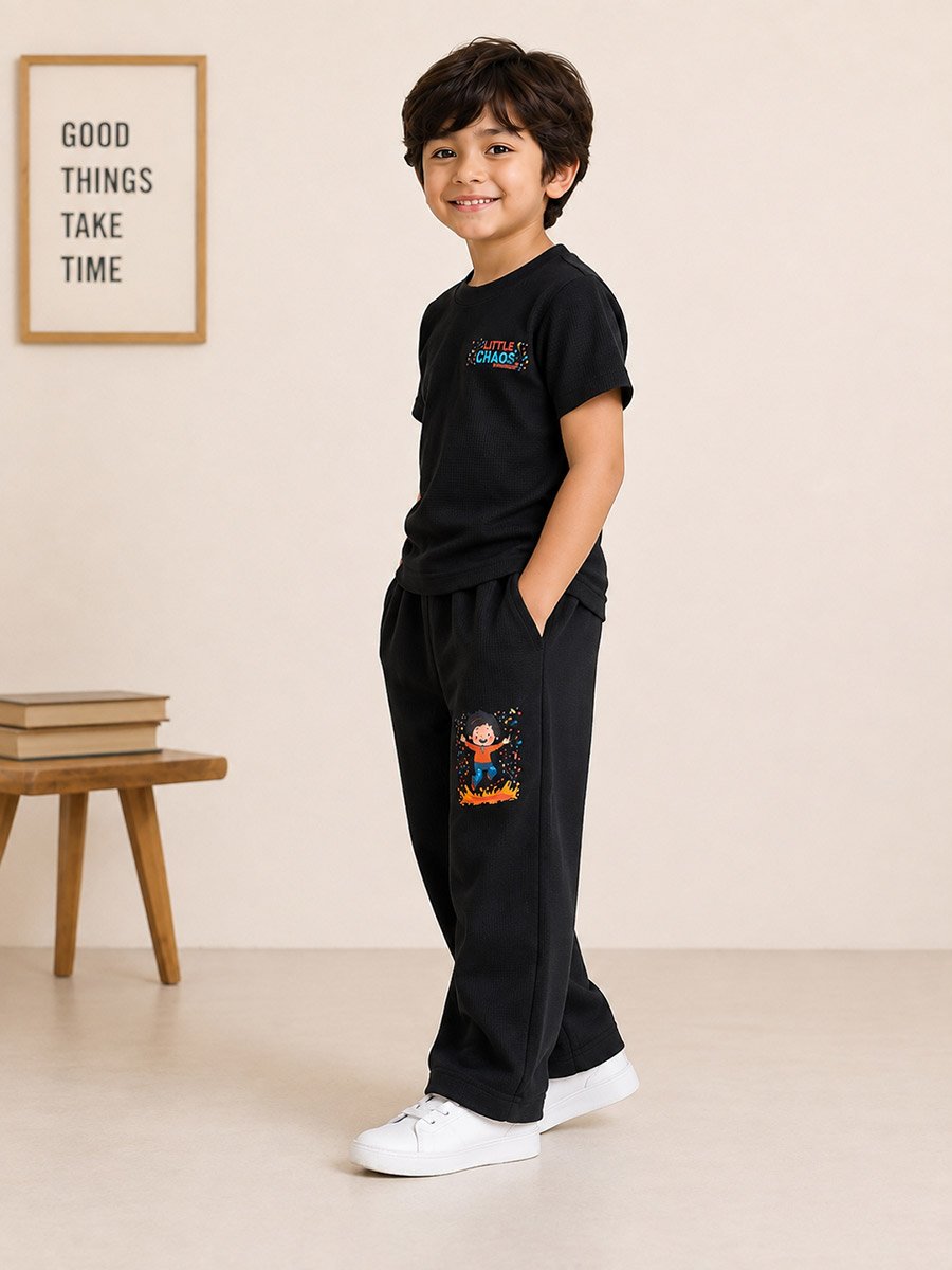 Kids Black Little Chaos Graphic Waffle T-Shirt and Joggers Co-ord Set