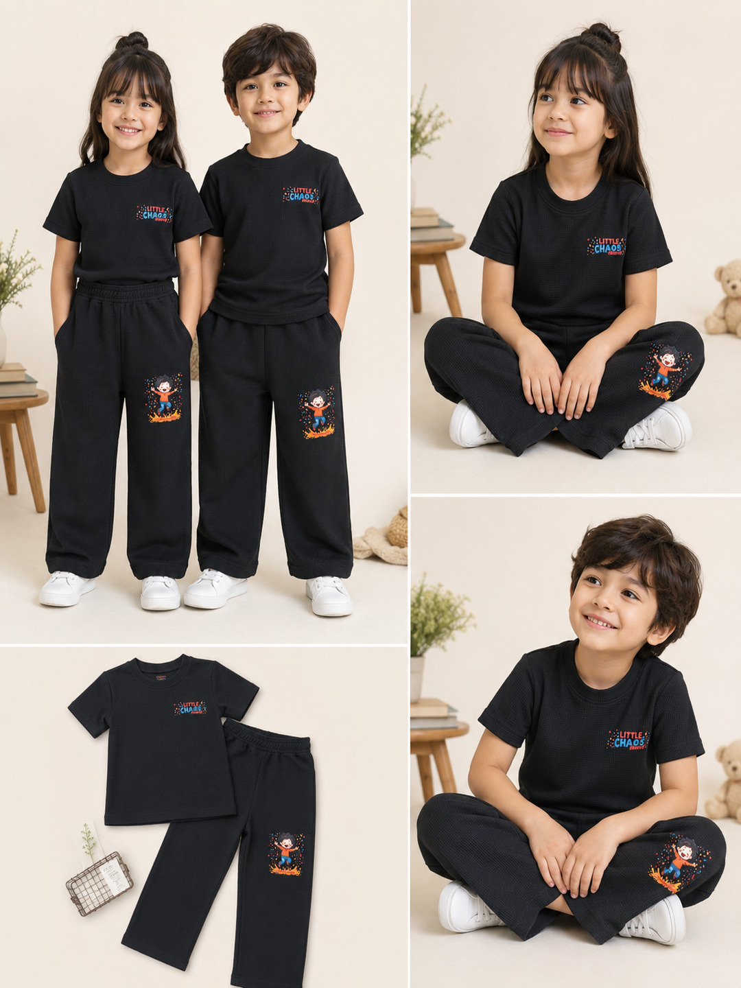 Kids Black Little Chaos Graphic Waffle T-Shirt and Joggers Co-ord Set