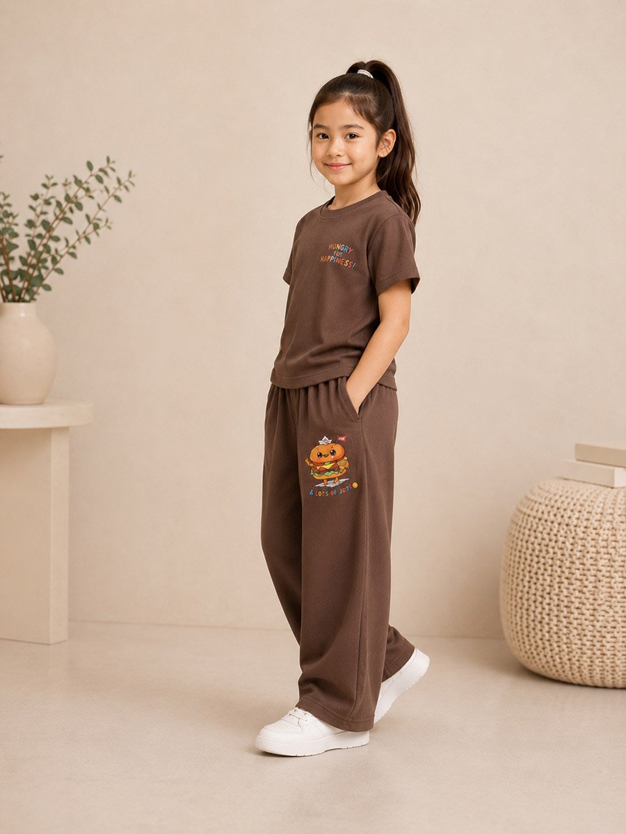 Kids Brown Graphic T-Shirt and Pants Co-Ord Set