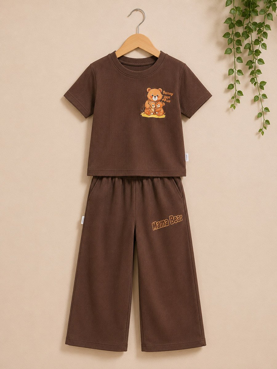 Kids Brown Ribbed Bear Graphic T-Shirt and Joggers Set