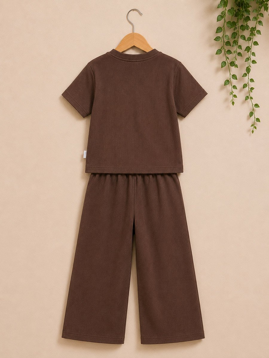 Kids Brown Ribbed Bear Graphic T-Shirt and Joggers Set