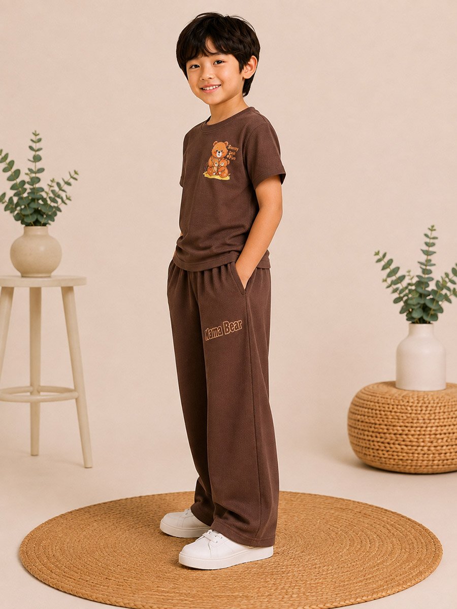 Kids Brown Ribbed Bear Graphic T-Shirt and Joggers Set