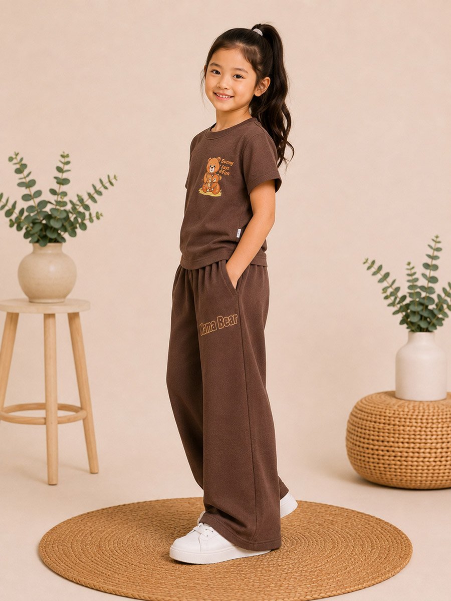 Kids Brown Ribbed Bear Graphic T-Shirt and Joggers Set