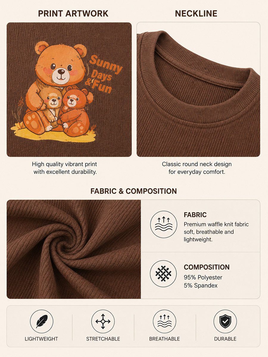 Kids Brown Ribbed Bear Graphic T-Shirt and Joggers Set