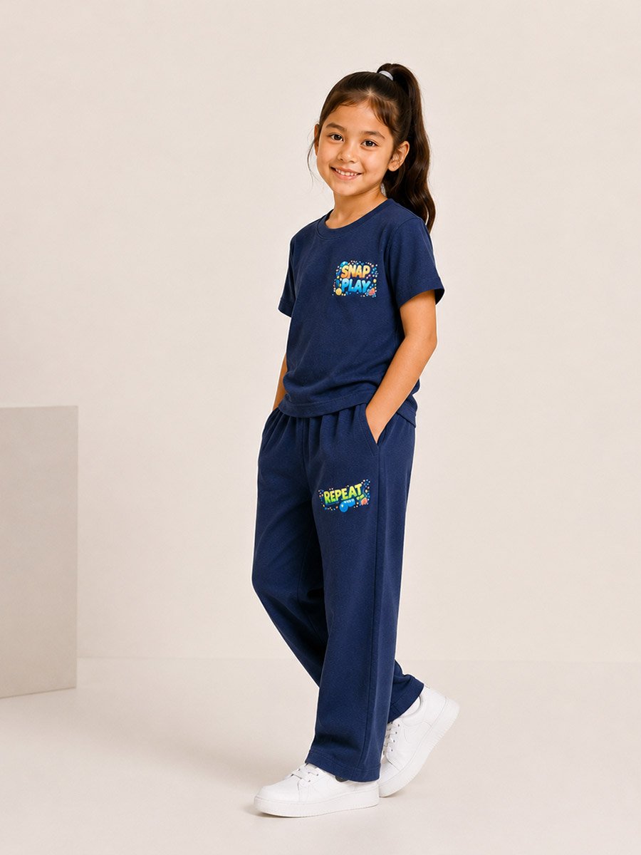 Kids Navy Blue Galactic Astronaut Graphic Print Waffle Co-ord Set 