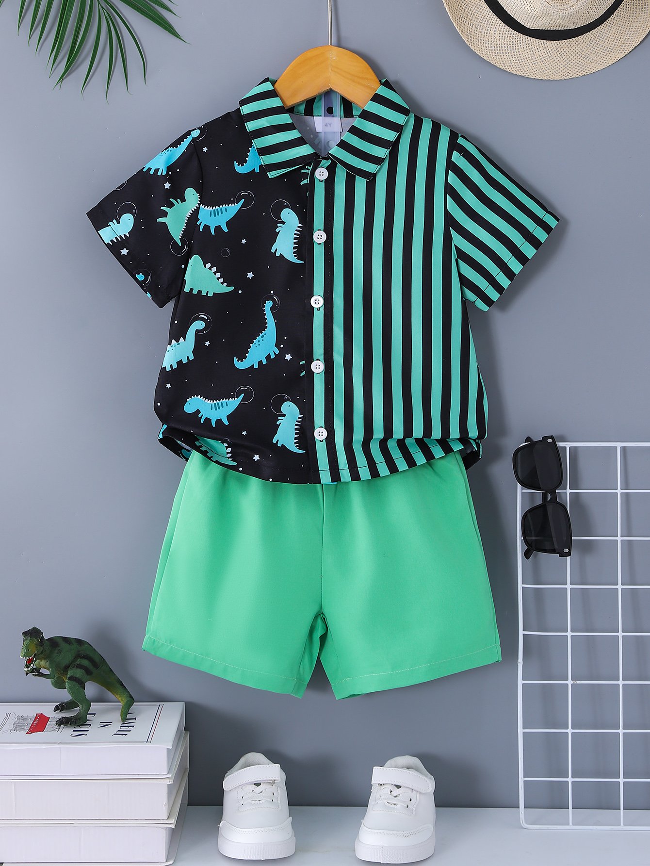 Boys Dinosaur Print and Striped Shirt and Solid Green Shorts Set