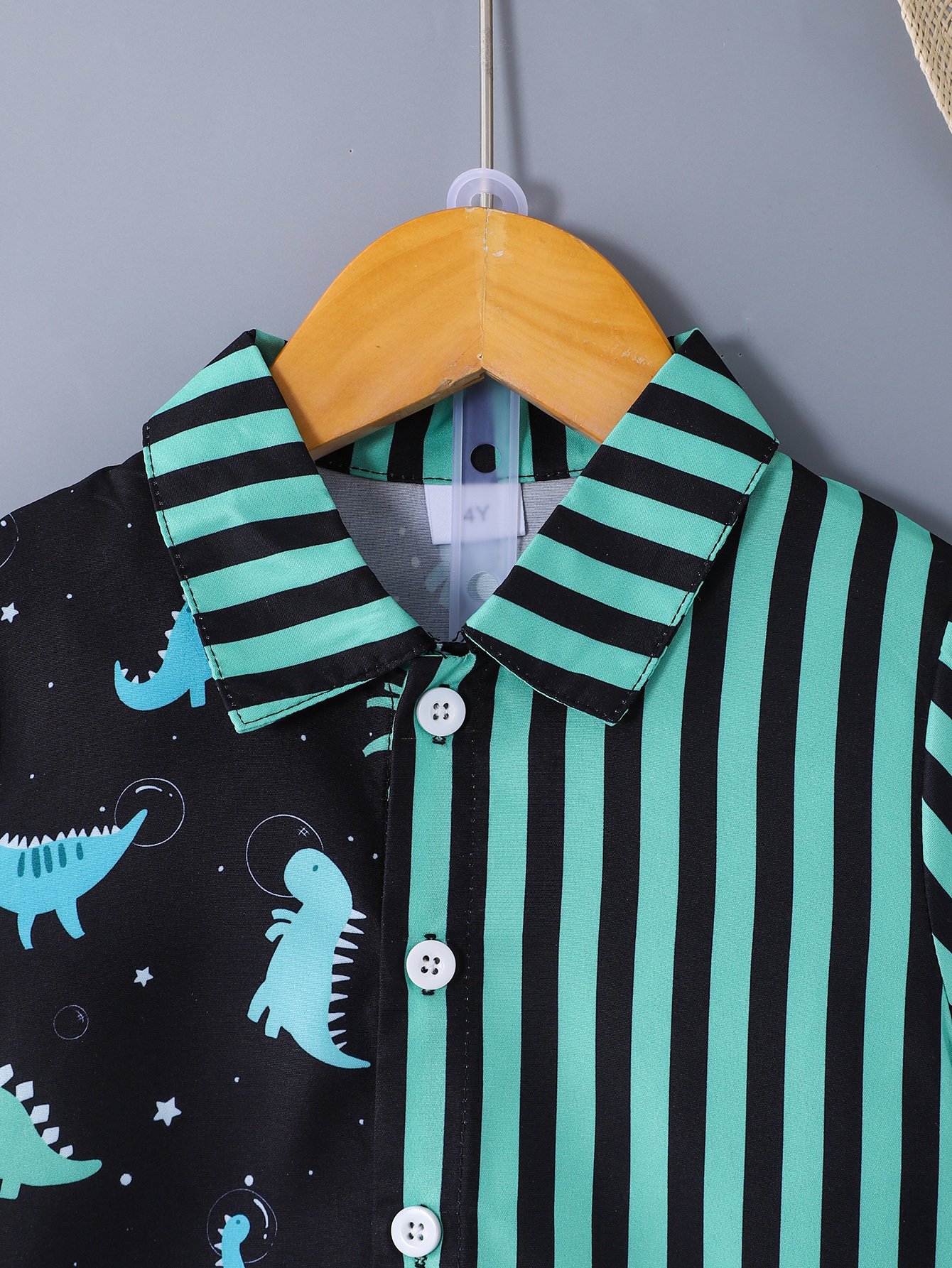 Boys Dinosaur Print and Striped Shirt and Solid Green Shorts Set