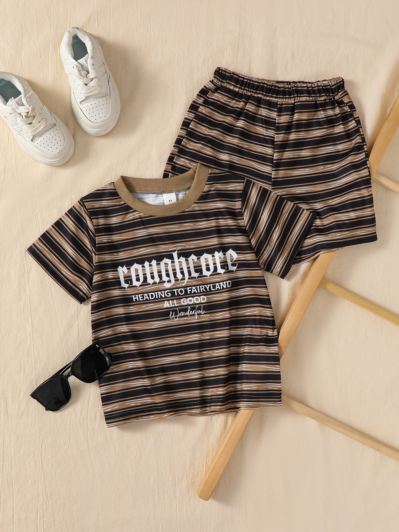 Boys Multi-Color Striped Slogan Print T-Shirt and Shorts Set