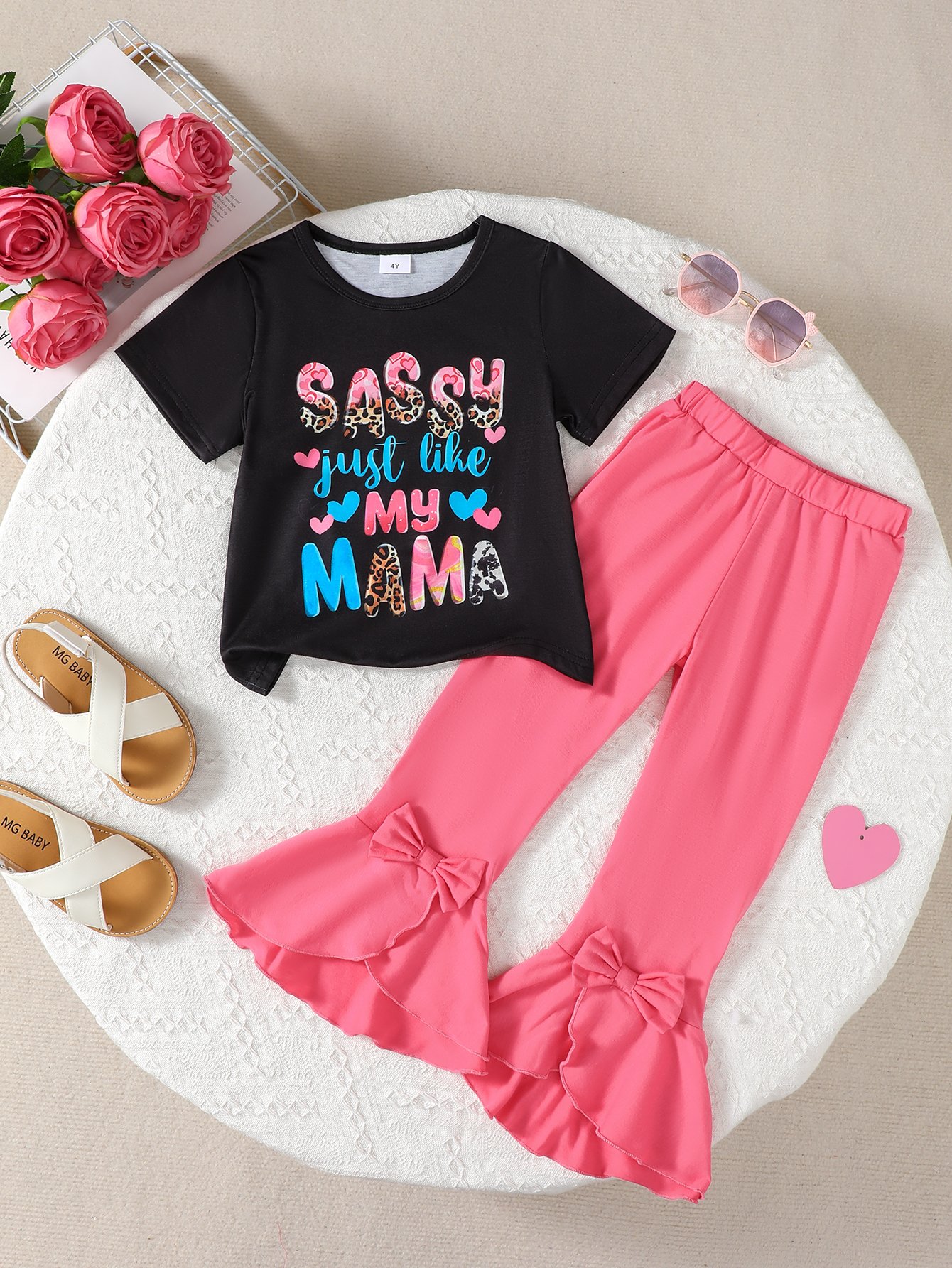Girls Graphic Print Short Sleeves T-Shirt and Pink Ruffled Joggers Set
