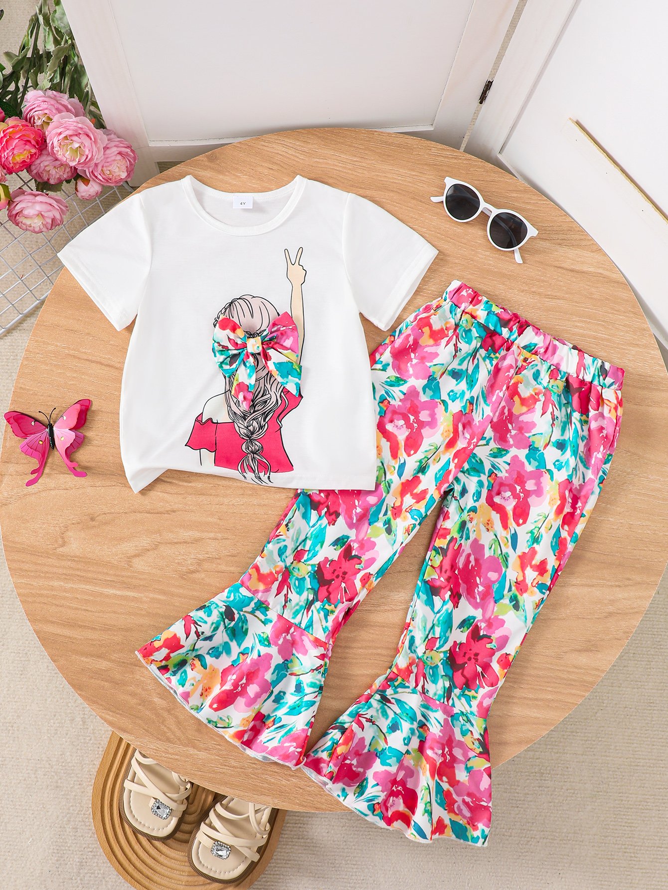 Girls Floral Print Trousers and White Top Set