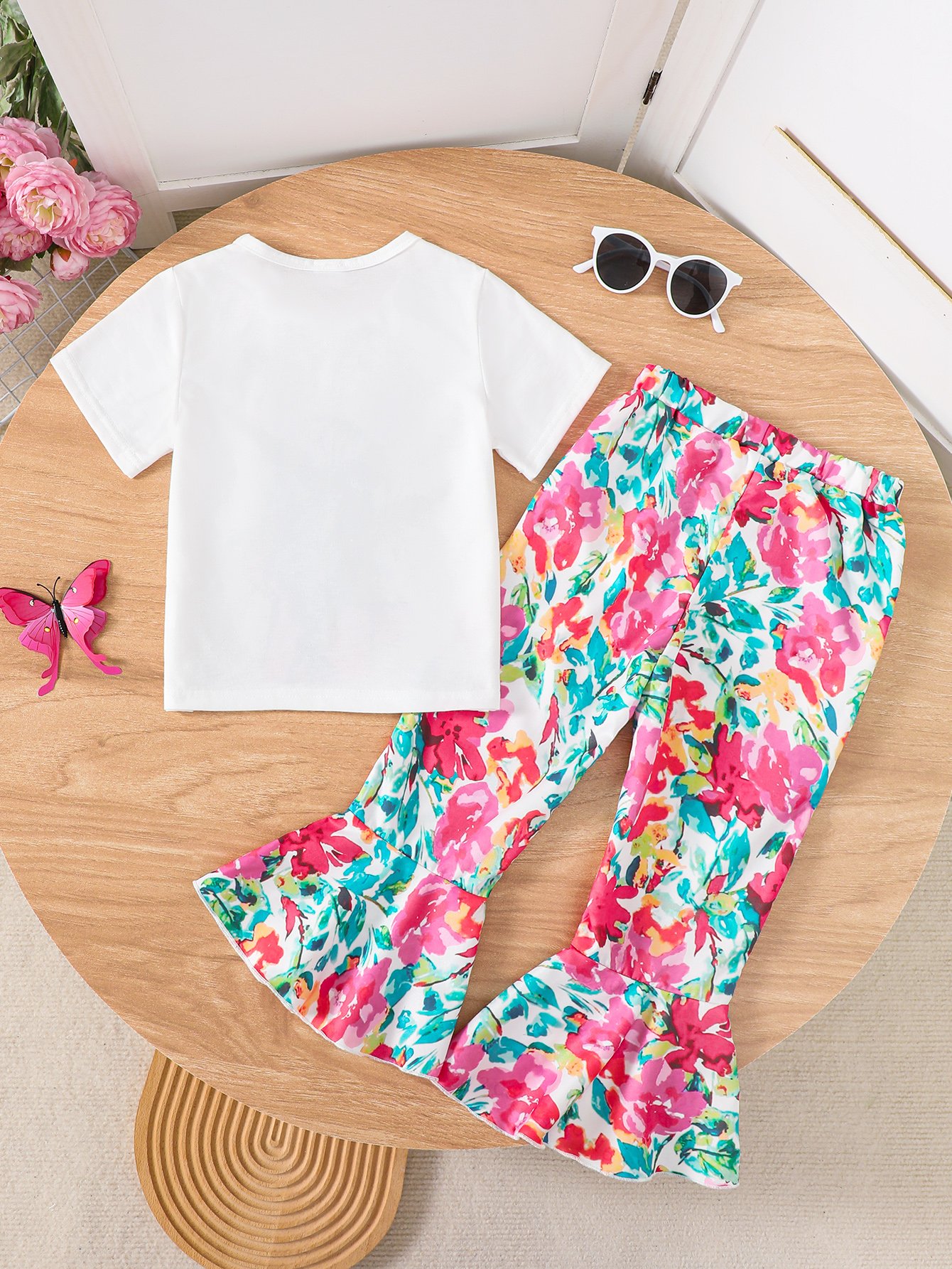 Girls Floral Print Trousers and White Top Set