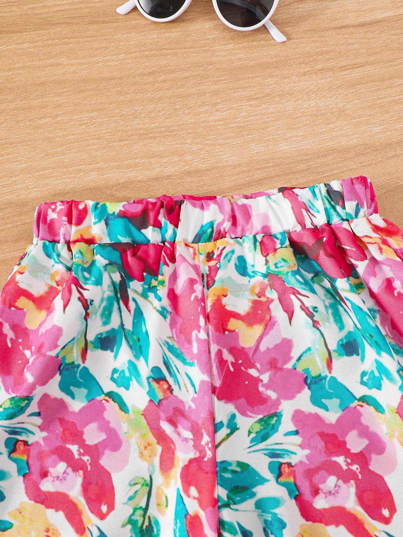 Girls Floral Print Trousers and White Top Set