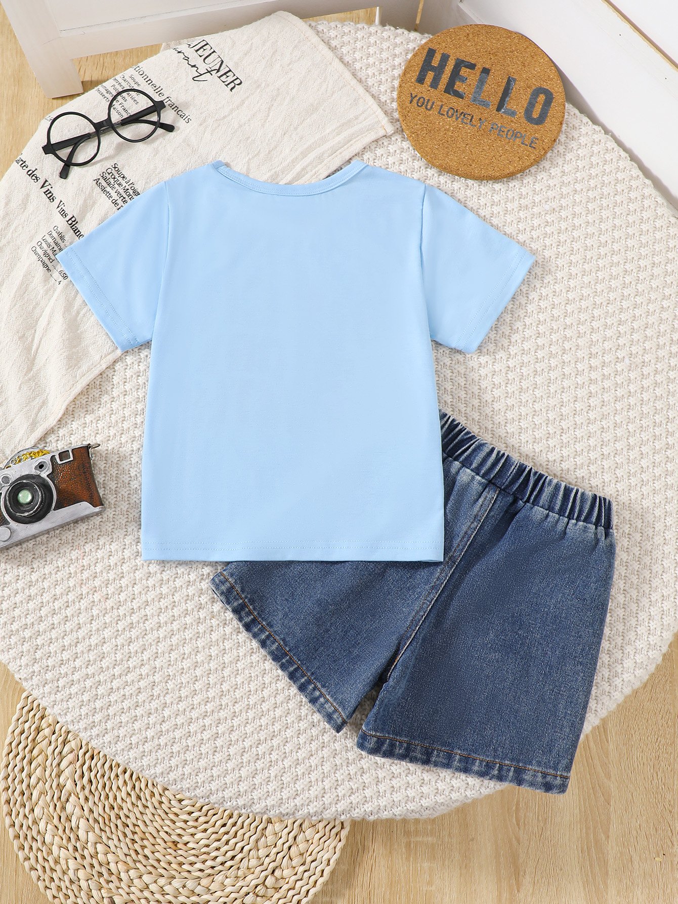Boys Blue Graphic print T-Shirt and Distressed Denim Shorts Set