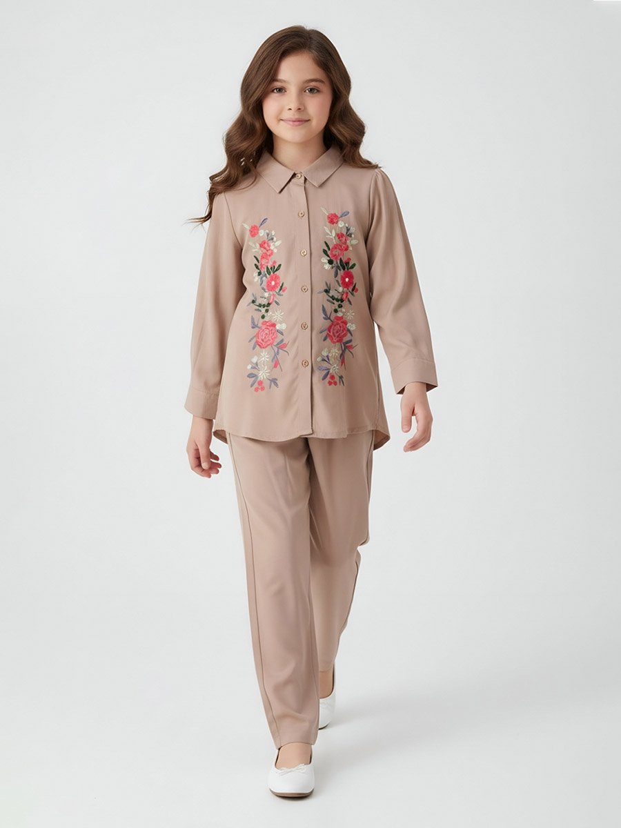 Girls Beige Floral Embroidered Shirt and Trousers Set