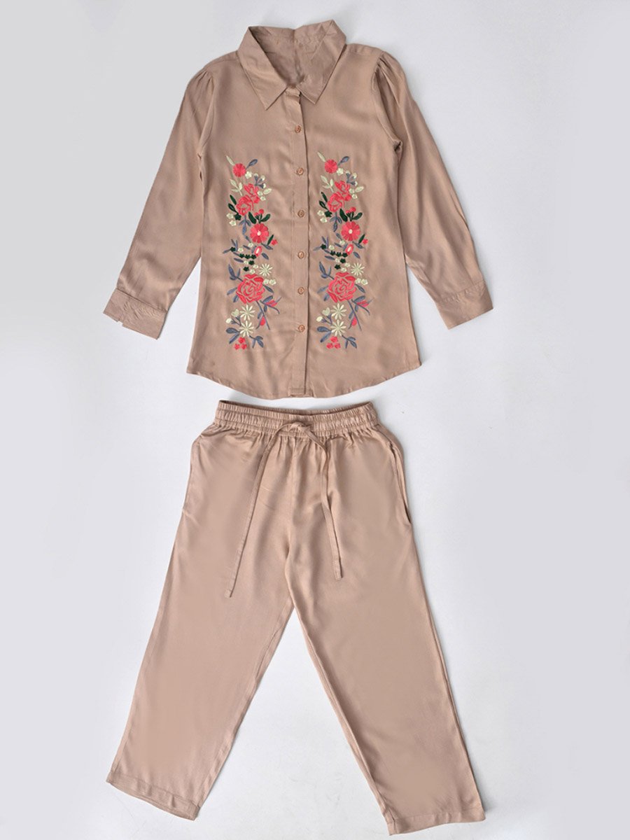 Girls Beige Floral Embroidered Shirt and Trousers Set