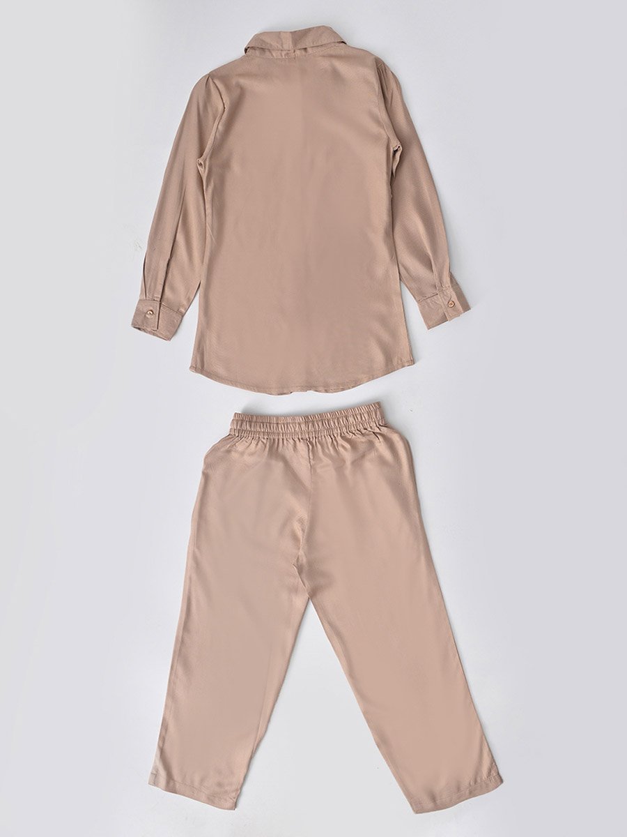 Girls Beige Floral Embroidered Shirt and Trousers Set