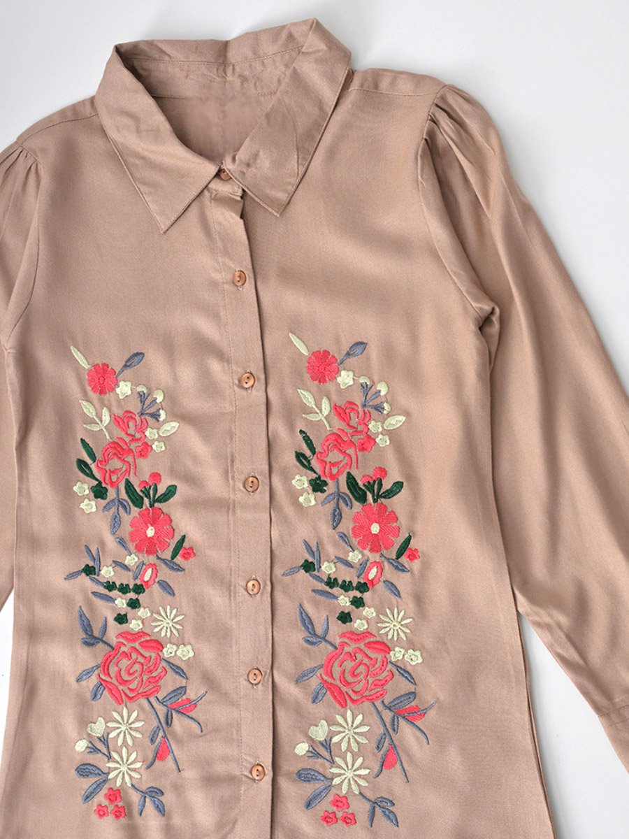 Girls Beige Floral Embroidered Shirt and Trousers Set