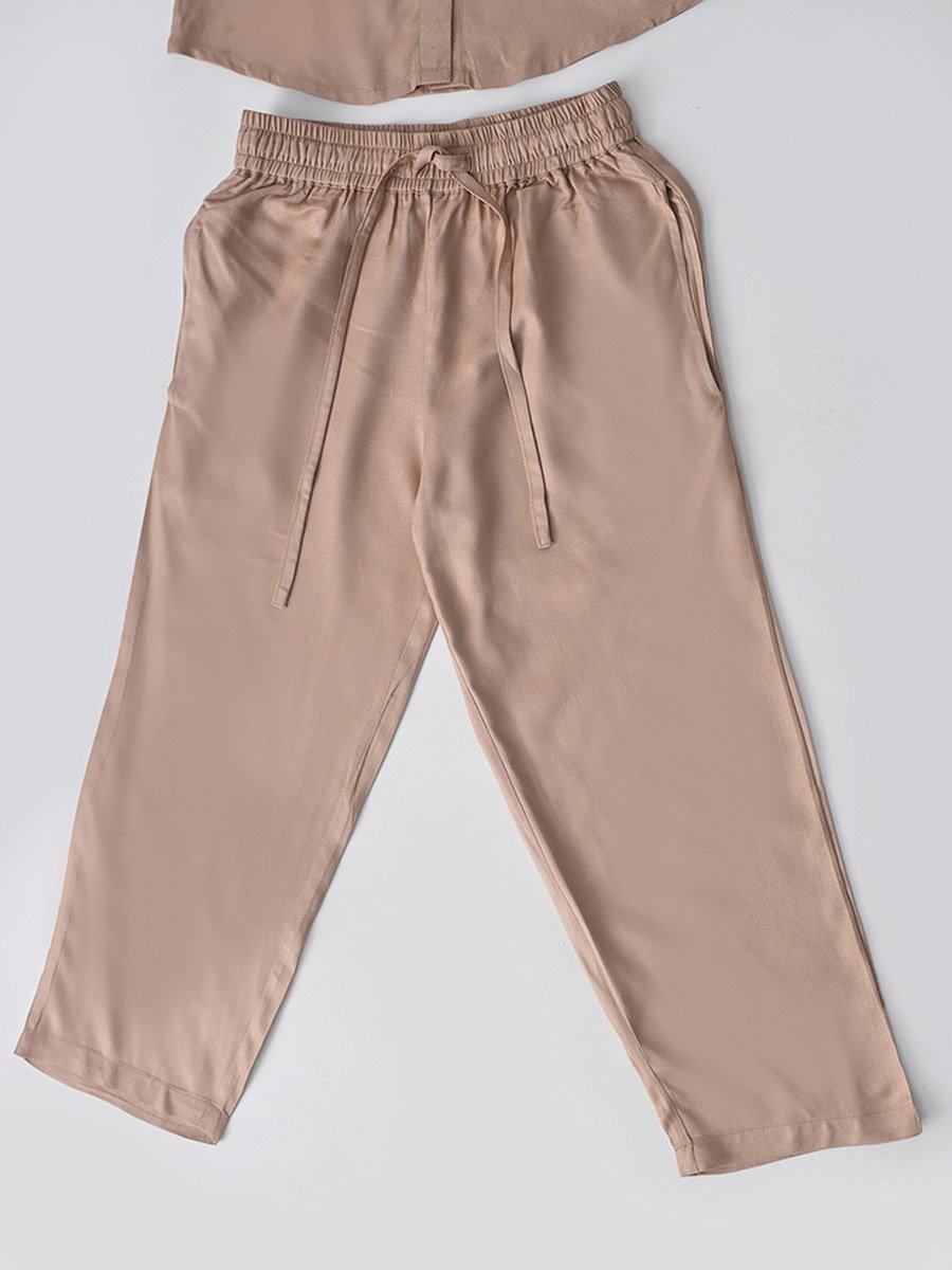 Girls Beige Floral Embroidered Shirt and Trousers Set