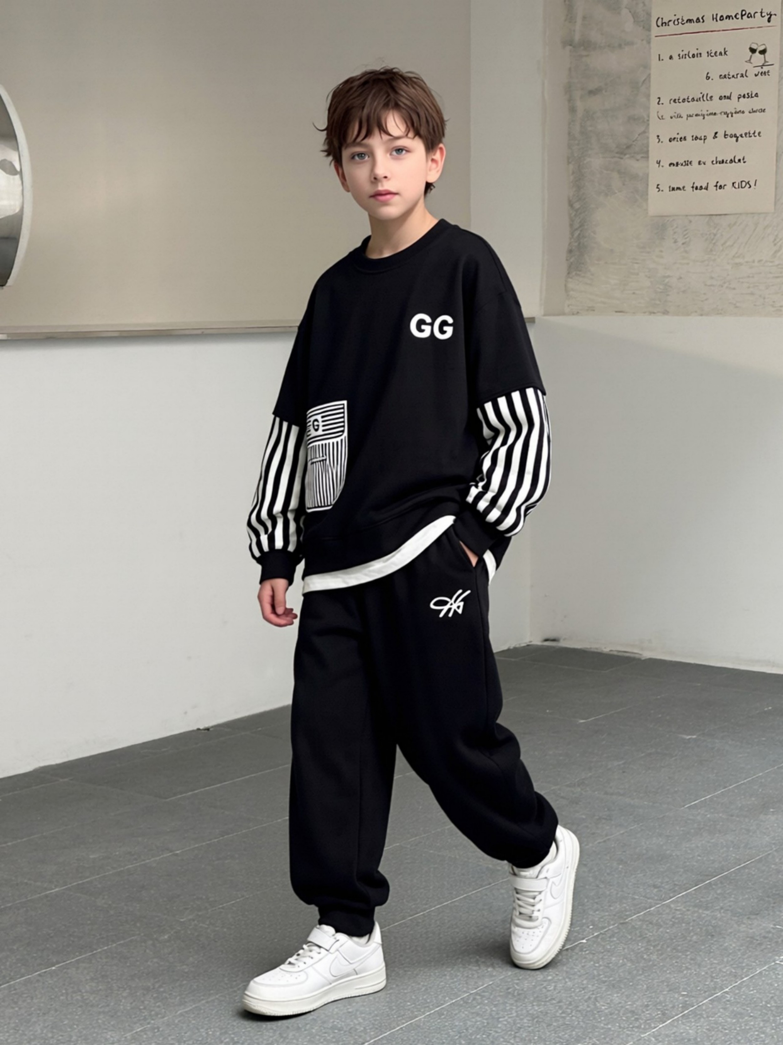 Boys Black Knitted Jogger Set with Printed Sweatshirt